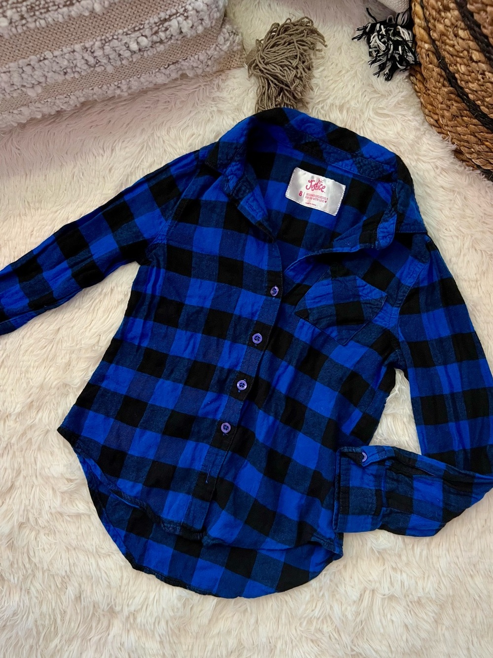 Justice Blue and Black Plaid Button-Up Shirt